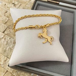 Pulseira Feminina Cavalo Cravejado no Cordão Baiano Banhado a Ouro 18k