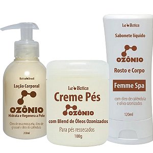 Kit Ozônio - Loção Hidratante Corporal Com Óleo De Rosa Mosqueta + Sabonete Liquido Com Óleo De Calêndula + Creme Para P