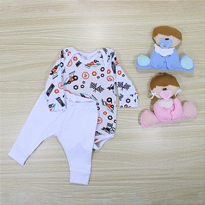 Conjunto Body Bebê Prematuro Branco Carrinhos