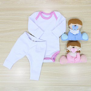 Conjunto Body Bebê Prematuro Malha Ribana Branco Com Rosa