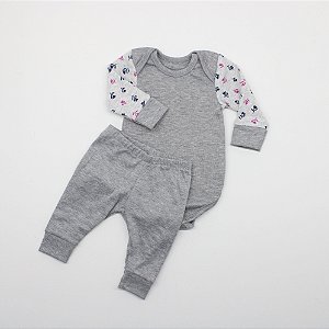 Conjunto Body Prematuro Cinza Flor Bod146