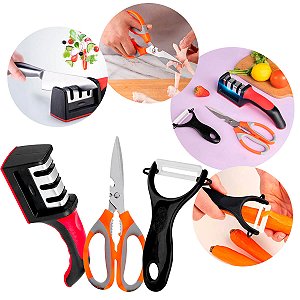 Kit Cozinha Amolador Tesoura Descascador Legumes [3 Peças]