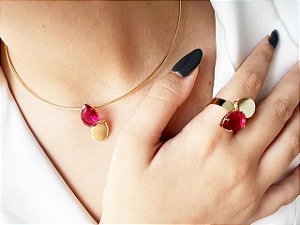 Conjunto Zarah - Colar e Anel com Pedras Rubi- Semijoia