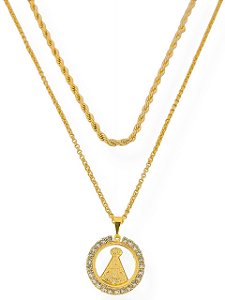 Colar Nossa Senhora Aparecida Cordão Bainao-Folhado Ouro 18k