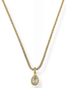 Colar Corrente Cravejada com Pingente de Gota- Folhada a Ouro 18K