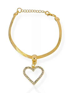 Pulseira Fita Laminada e Coração Vazado Com Bordas Cravejado- Folhada Ouro 18K