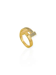 Anel Design T ponta Cravejada- Folhado Ouro 18K