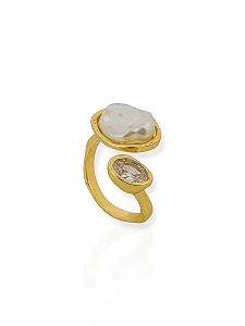 Anel com Pérola e Zircõnia-Folhado a Ouro 18K