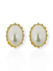 Brinco Pérola Oval Borda de Coroa- Folhado a Ouro 18K