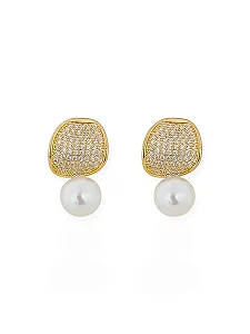 Brinco Ponteira Cravejada com Pérola- Folhado a Ouro 18K