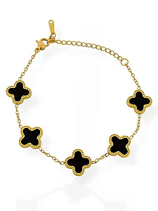 Pulseira Trevo Aço Inoxidável Preta- Folhada Ouro 18K