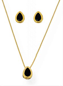 Conjunto Gota Noir- Folhado Ouro 18k