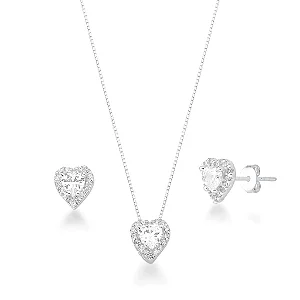 Conjunto de Brinco e Colar Coração Cravejado Luxo Prata 925 Brilliance