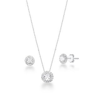 Conjunto Colar 40cm e Brinco Círculo Cristal Prata 925 Legítima Esbelta Prata