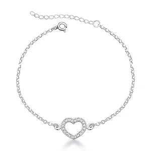 Pulseira Coração Cravejado Prata 925 Legítima Esbelta Prata