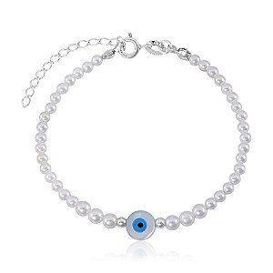 Pulseira Olho Grego Proteção com Pérolas e Bolinhas Prata 925 Legítima Esbelta Prata