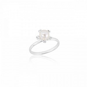 Anel Pérola Sintética com Zircônias em Prata 925 Glow Pearl