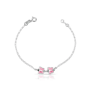 Pulseira Infantil com Borboletas Rosa em Prata 925 Legítima Esbelta Prata