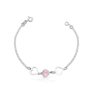 Pulseira Infantil de Coração Rosa e Vazados em Prata 925 Legítima Esbelta Prata