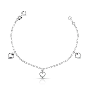 Pulseira Infantil Corações Pendurados Prata 925 Luz de Infância