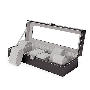 Porta Relógios Premium em Couro Preto 6 Divisórias com Veludo Luxo