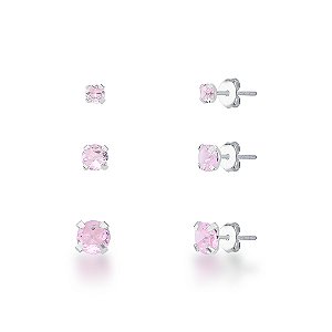 Trio de Brincos Ponto de Luz Quartzo Rosa Prata 925 Aurora