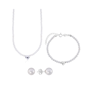 Kit Glow Pearl - Gargantilha + Brinco + Pulseira Pérola Shell Prata 925 Coração Duplo