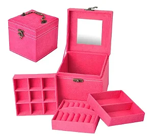 Mini Maleta Porta Jóias Rosa Pink com Espelho 3 Andares com Alça 12x12cm