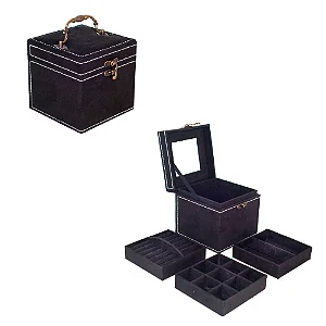 Mini Maleta Porta Jóias Black com Espelho 3 Andares com Alça 12x12cm