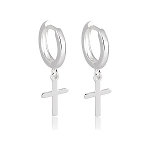 Brinco Argola Prata 925 com Pingente Cruz Pequena Unissex Pure