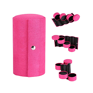 Porta Joias Portátil Cilíndrico Pink Veludo 3 Divisórias 13x7cm