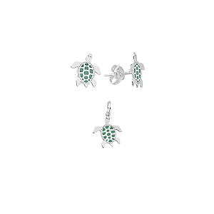 Brinco e Pingente Tartaruga Marinha Prata 925 Coleção Lua do Mar