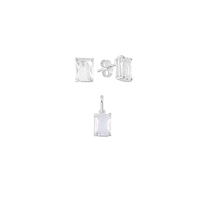 Brinco e Pingente Retangular Zircônia Cristal Prata 925 Luz Viva