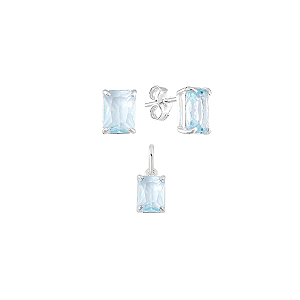 Brinco e Pingente Retangular Aquamarine Prata 925 Luz Viva