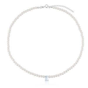 Gargantilha de Pérolas com Pedra Retangular Aquamarine Prata 925 Glow Pearl