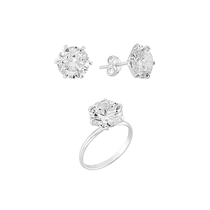 Kit Solitário em Prata 925 Anel e Brinco 10mm Zircônia Cristal Clássica