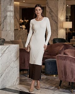 VESTIDO CANELADO EM TRICOT BICOLOR