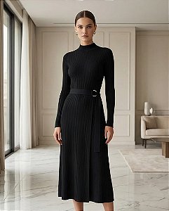 VESTIDO CONELADO MANGA LONGA COM SAIA PARIÔ (PRETO)