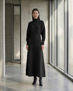 VESTIDO MIDI EVASÊ EM TRICOT MANGA BUFANTE (PRETO)