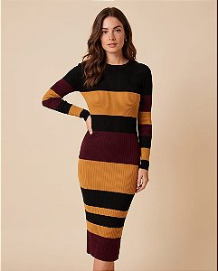 VESTIDO MIDI EVASÊ EM TRICOT MANGA LONGA(BORDÔ/PRETO/BEGE)