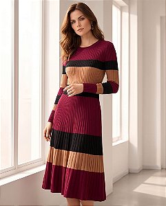 VESTIDO MIDI EVASÊ EM TRICOT MANGA LONGA(BORDÔ/PRETO/BEGE)