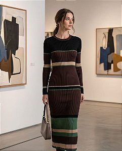 VESTIDO MIDI EVASÊ EM TRICOT MANGA LONGA (PRETO/MARRON/VERDE/BEGE)