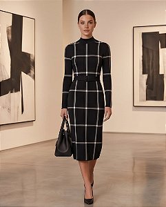 VESTIDO MIDI JACQUARD EM TRICOT XADREZ (PRETO/OFF)