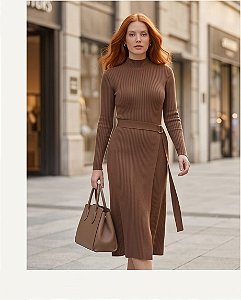 VESTIDO CONELADO MANGA LONGA COM SAIA PARIÔ (MARRON TERRA)