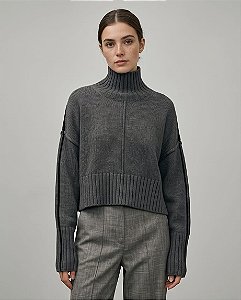 BLUSA MANGA LONGA EM TRICOT GOLA ALTA COM ROLETÊ (CINZA MESCLA)