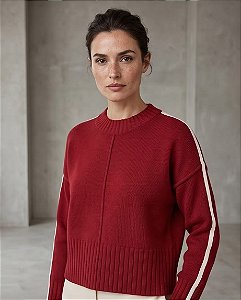 BLUSA MANGA LONGA EM TRICOT GOLA CARECA COM DET. OFF (VERMELHO CEREJA)