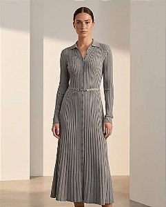 VESTIDO CANELADO GOLA POLO EM TRICOT (CINZA MESCLA)