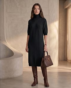 VESTIDO CONFORT MIDI GOLA ALTA (PRETO)