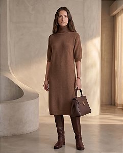 VESTIDO CONFORT MIDI GOLA ALTA (MARRON TERRA)