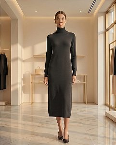 VESTIDO MIDI GOLA ALTA EM TRICOT (PRETO)